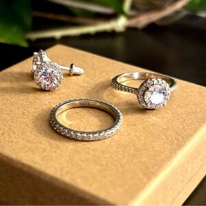 💍Stunning Halo Ring and Earring Set with Eternity Band, 925 Sterling Size 7